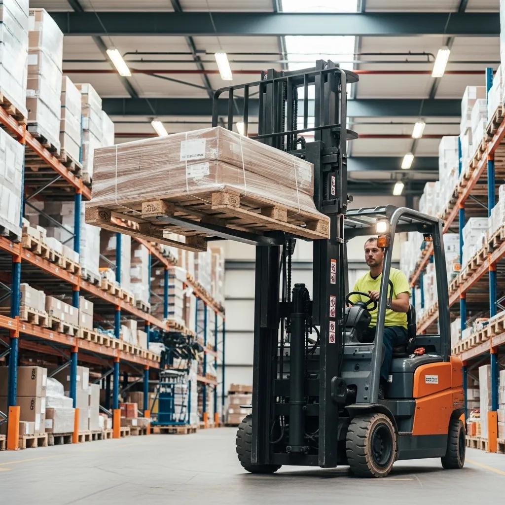 Forklift operator lifting pallet of goods in warehouse, showcasing efficient material handling and productivity, relevant to forklift attachments and logistics optimization.