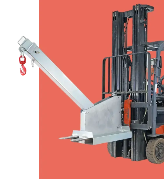 Forklift with attachment and hook for lifting, showcasing reliable warehouse equipment from Mandarin Imports & Exports.