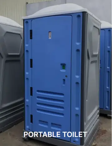 Portable toilet in a row of similar units, showcasing durable design and practical features for worksite and warehouse needs.